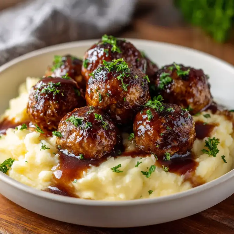Salisbury Steak Meatballs With Garlic Herb Mashed Potatoes Recipe