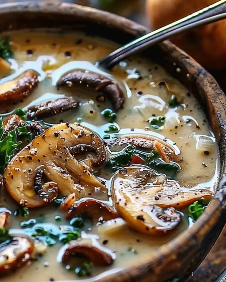 Wild Mushroom, Caramelized Onion and Kale Soup