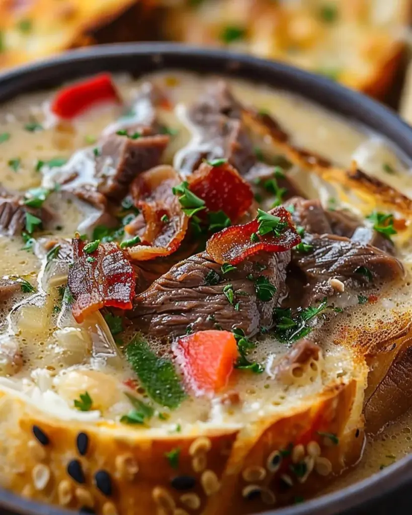 One-Pot Philly Cheesesteak Soup with Bacon and Cheesy Toast