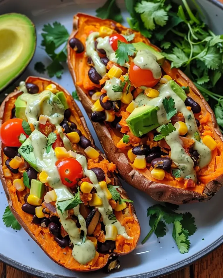 Stuffed Sweet Potato with Avocado, Black Beans & Cilantro Lime Crema