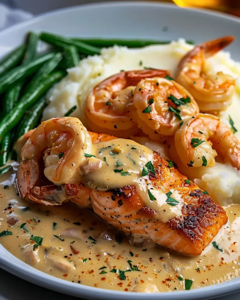 Cajun Shrimp and Salmon with Garlic Cream Sauce, Mashed Potatoes, and Green Beans: A Flavor-Packed Dinner to Impress
