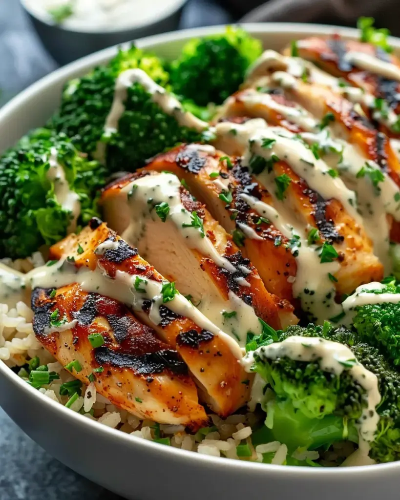 Grilled Chicken & Broccoli Bowls with Creamy Garlic Sauce