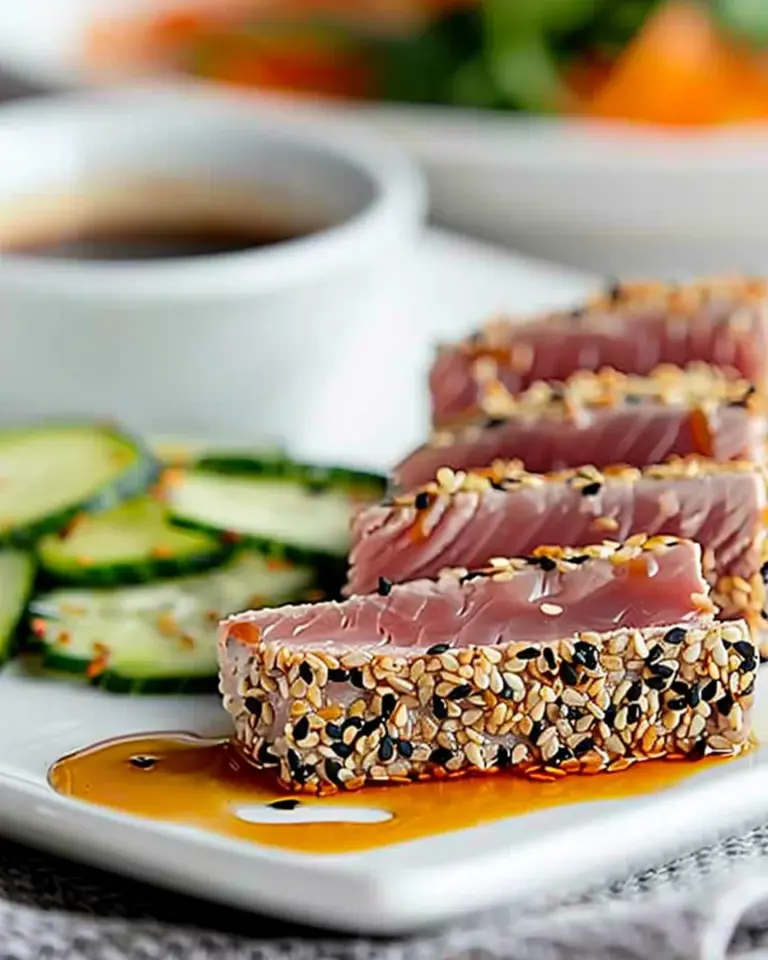 Seared sesame crusted tuna with orange ginger soy sauce