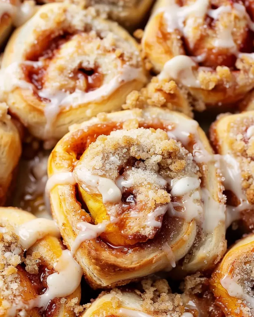 Peach Cobbler Cinnamon Rolls with Crumb Topping