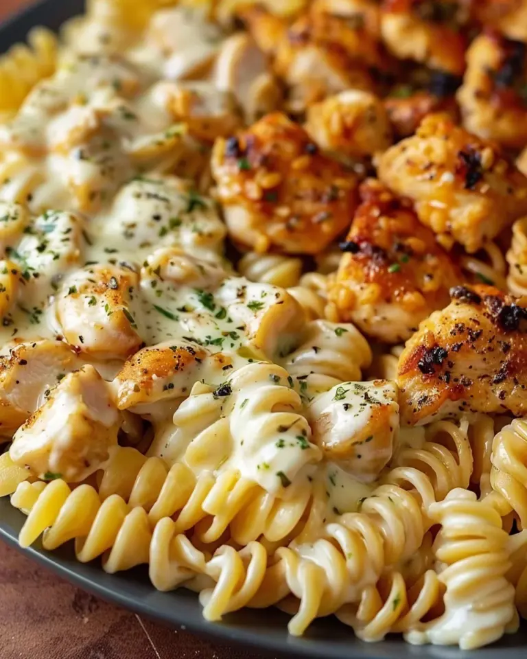 Cheesy Alfredo Twisted Pasta with Golden Garlic Butter Chicken in Creamy Sauce