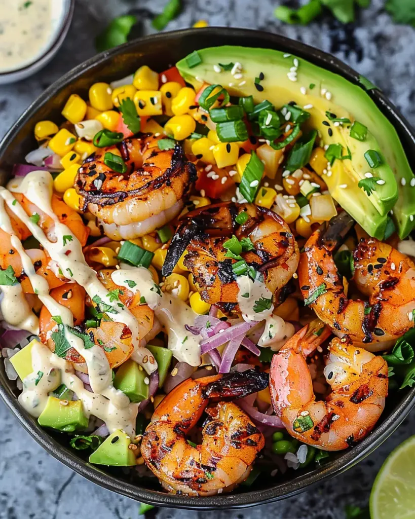 Grilled Shrimp Bowl with Avocado, Corn Salsa & Creamy Garlic Sauce