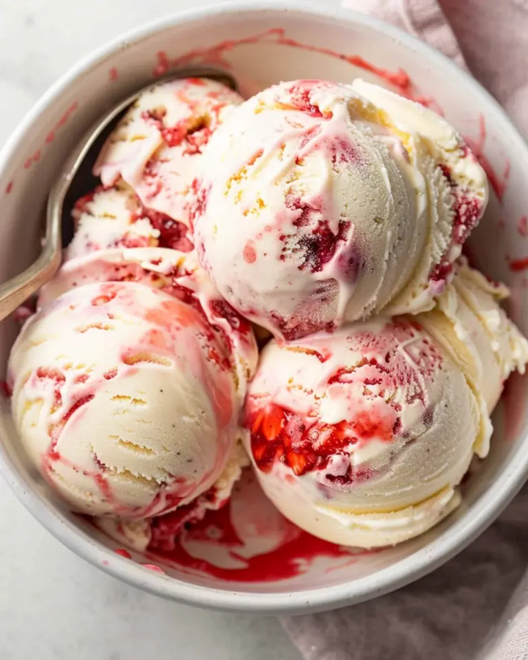 Mascarpone Ice Cream swirled with Strawberry Sauce