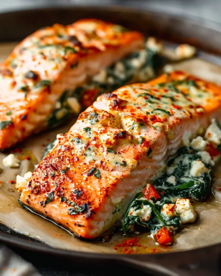 Simple Baked Stuffed Salmon with Spinach and Feta