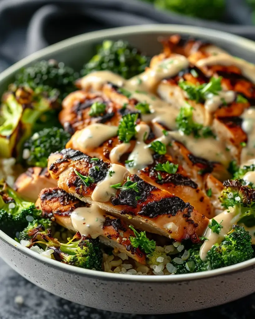 Grilled Chicken & Broccoli Bowls with Creamy Garlic Sauce