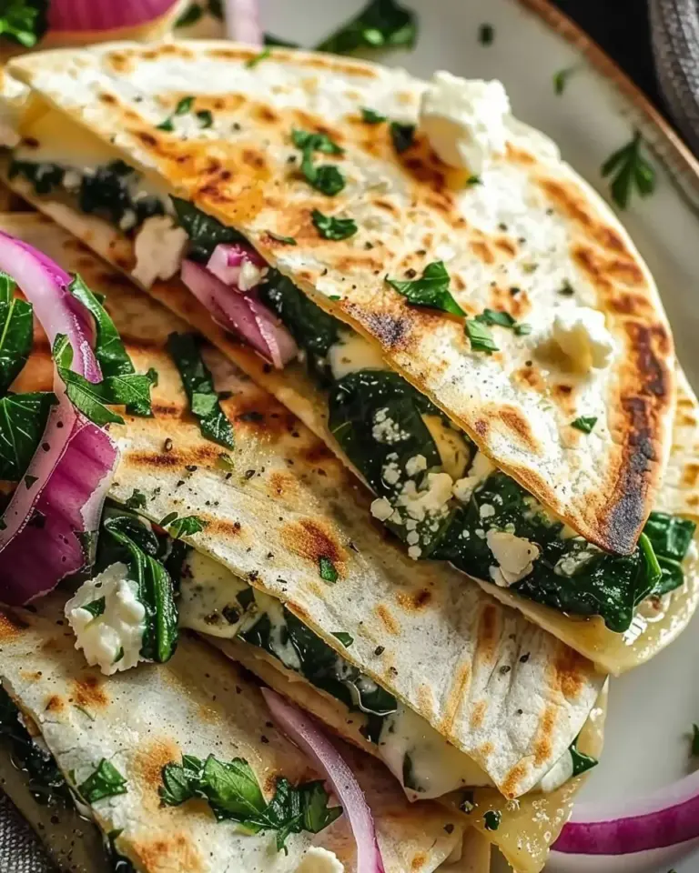 Mediterranean Quesadillas with Spinach Feta Mozzarella and Red Onion
